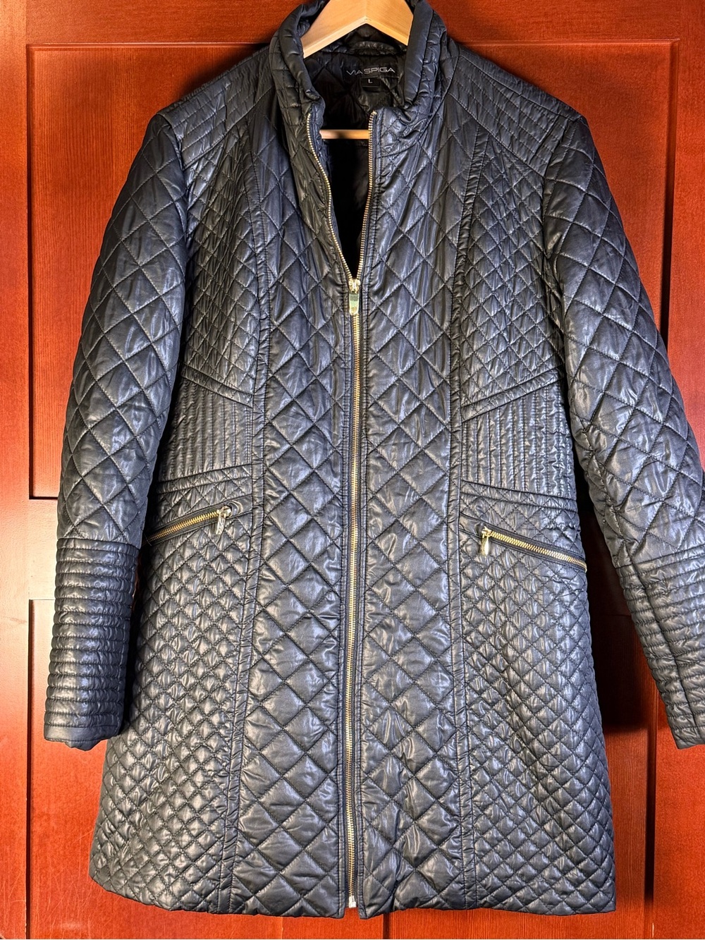 Via Spiga Black Quilted Long Coat Jacket Size L